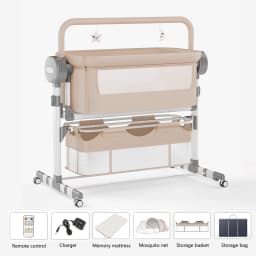 Bedside Crib for Newborns 0-12 Months with 6cm Adjustable Height Electric Rocking Bassinet 5 Swing Speeds 3 Timers Bluetooth Music Remote Control Breathable Mesh Cotton Mattress Mosquito Net Storage Basket 4 PU Quiet Wheels