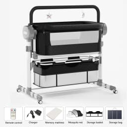Bedside Crib for Newborns 0-12 Months with 6cm Adjustable Height Electric Rocking Bassinet 5 Swing Speeds 3 Timers Bluetooth Music Remote Control Breathable Mesh Cotton Mattress Mosquito Net Storage Basket 4 PU Quiet Wheels