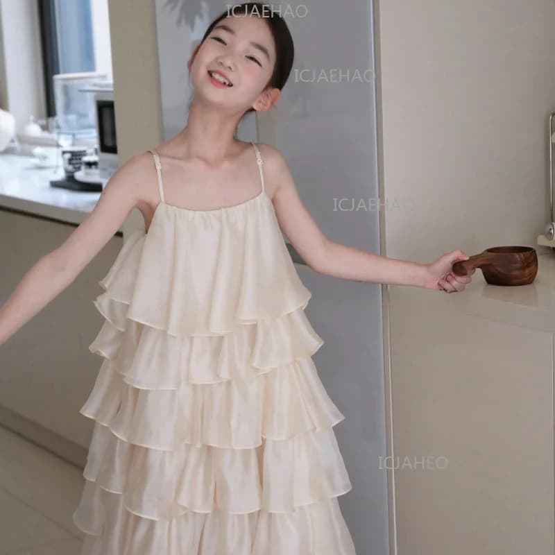 2026 Children Beige NewSleeveless Display Style Pageant Kids Princess Gown Costume Elegant Fashion Simple Girls Dress Summer