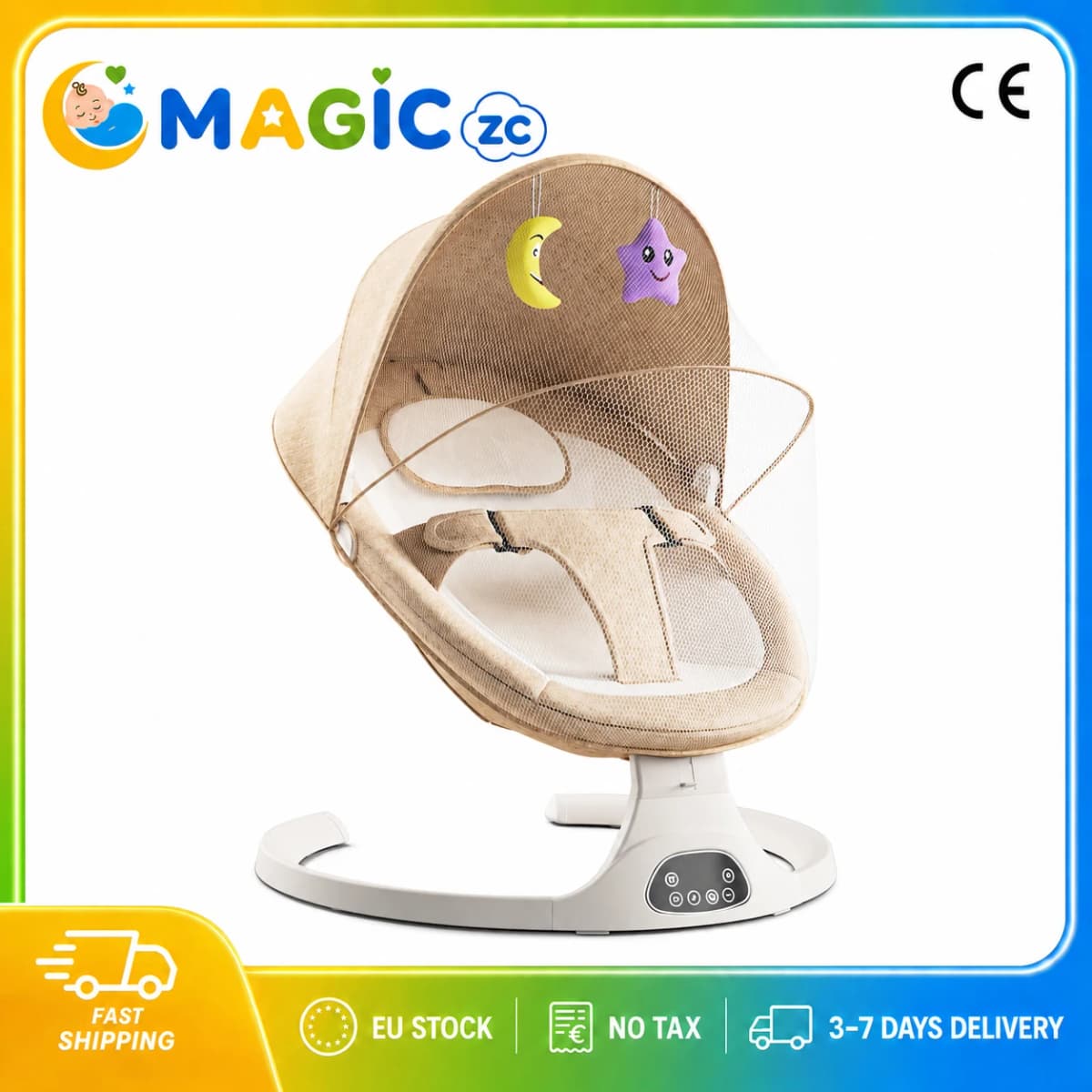 Electric Baby Swing Chair Newborn Infant Rocker Automatic Cradle with Remote Control Bluetooth Lullaby Music Timer Adjustable Speed Foldable Mosquito Protection Net Canopy Comfortable Baby Sleeping Seat Safety Harness 15kg
