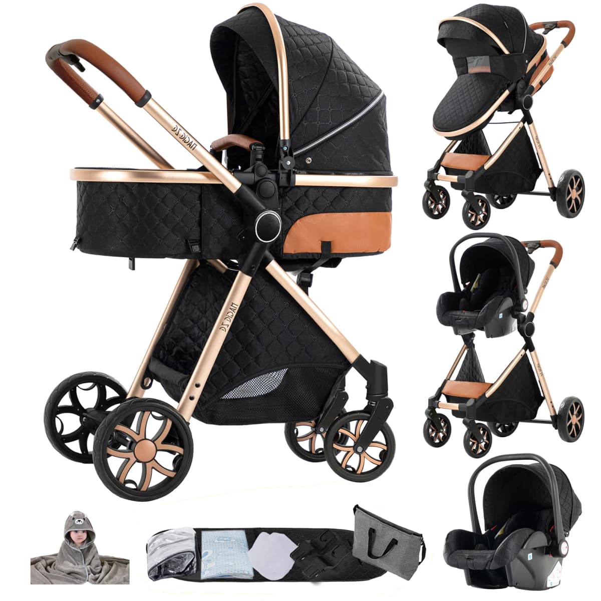 Bidirectional Baby Stroller with 6 Accessories - Face-to-Face Pushing, All-Season Canopy (Summer Mesh/Winter Windshield), Adjustable Handle, Large Storage Basket, 4-Wheel Brake - Safe & Comfortable for 0-4 Years
