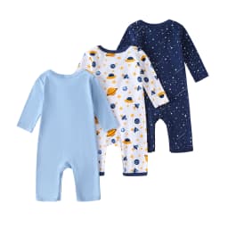 3-Pack Baby Boy Long-Sleeve 100% Cotton Rompers, Crew Neck Casual Infant Onesies, Space Print One-Piece Jumpsuits, Soft Breathable Everyday Wear for 0-18 Months, Newborn Hospital Essentials, Baby Clothes Clearance Sale