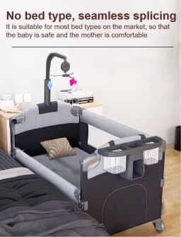 Multifunctional Bedside Crib Co-Sleeping Baby Bed Adjustable Height Infant Bassinet Nursery Travel Cot Safety Steel Frame Co-Sleeper Cradle with Diaper Station Music Mobile Mesh Netting Wheels