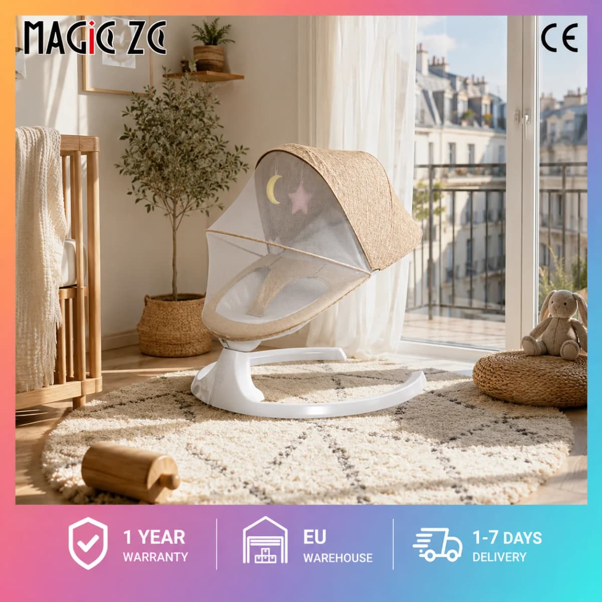 Multifunctional Electric Baby Swing Rocking Chair, Smart Touch Control Infant Bouncer with 5 Adjustable Speeds, 3-Level Timing, Bluetooth Audio, Remote Control & Breathable Mosquito Net, Anti-Tipping Newborn Soothing Cradle
