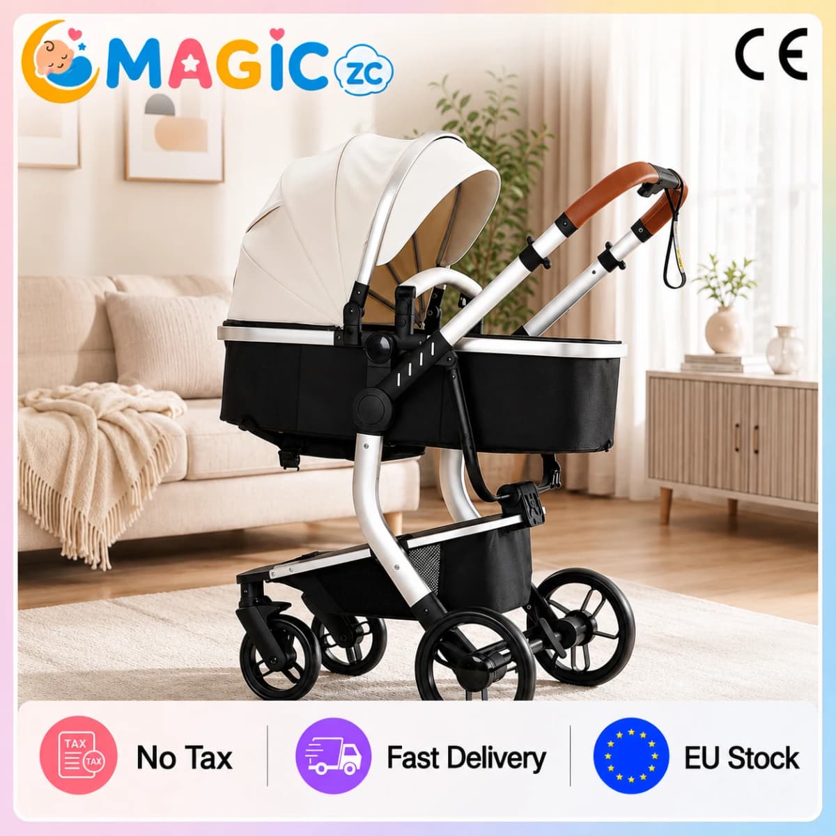 Luxury 3 in 1 Baby Stroller Travel System with Car Seat High Landscape Reversible Foldable Pushchair PU Leather Canopy Foot Cover Handle Aluminium Frame EVA Wheels Carrycot Premium Newborn Pram Baby Carriage for Toddler Up to 22kg
