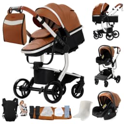 Luxury 3 in 1 Baby Stroller Travel System with Car Seat High Landscape Reversible Foldable Pushchair PU Leather Canopy Foot Cover Handle Aluminium Frame EVA Wheels Carrycot Premium Newborn Pram Baby Carriage for Toddler Up to 22kg