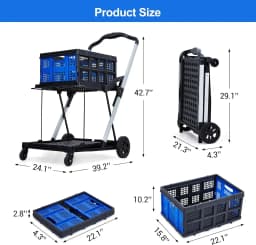 2‑Tier Collapsible Shopping Cart with Removable Crate and Rolling Wheels, Portable Utility Grocery Cart for Errands, Shopping, Warehouse and Home Storage