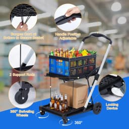 2‑Tier Collapsible Shopping Cart with Removable Crate and Rolling Wheels, Portable Utility Grocery Cart for Errands, Shopping, Warehouse and Home Storage