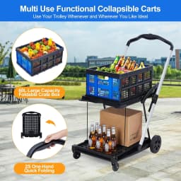 2‑Tier Collapsible Shopping Cart with Removable Crate and Rolling Wheels, Portable Utility Grocery Cart for Errands, Shopping, Warehouse and Home Storage