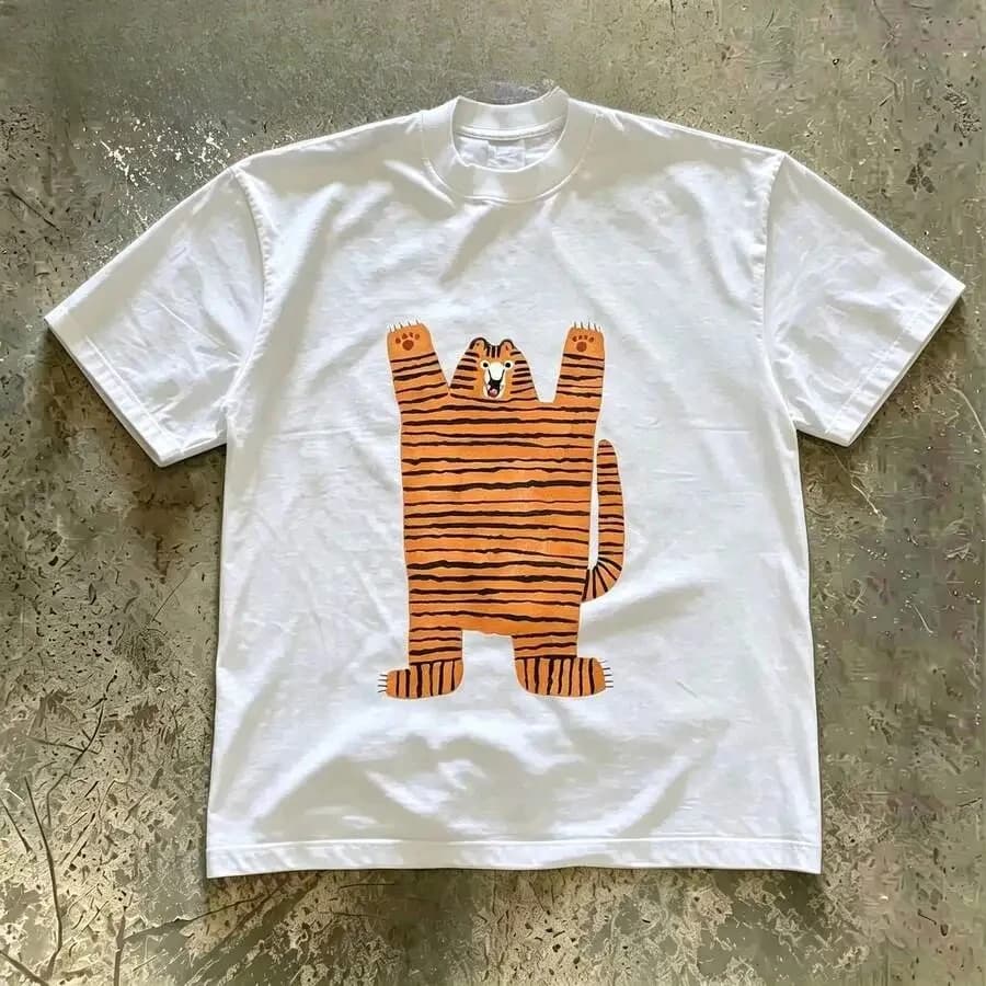 Cute Hand‑Drawn Standing Tiger Cartoon Graphic Print Unisex Oversized Relaxed Fit Heavyweight Pure Cotton Crew Neck Short Sleeve Couple Casual Everyday Wear Tee