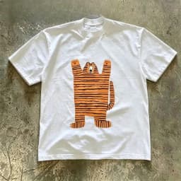Cute Hand‑Drawn Standing Tiger Cartoon Graphic Print Unisex Oversized Relaxed Fit Heavyweight Pure Cotton Crew Neck Short Sleeve Couple Casual Everyday Wear Tee