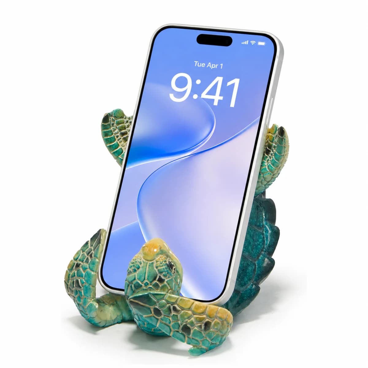 Hodao Resin Sea Turtle Figure Phone Holder, Cute Upside-Down Ocean Turtle Smartphone Stand with Glossy Teal Shell, Coastal Nautical Desk Decor for Home Office, Bedroom, Living Room, Shelf and Beach House, Marine Life Accent and Gift for Turtle Lovers