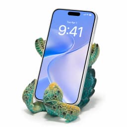 Hodao Resin Sea Turtle Figure Phone Holder, Cute Upside-Down Ocean Turtle Smartphone Stand with Glossy Teal Shell, Coastal Nautical Desk Decor for Home Office, Bedroom, Living Room, Shelf and Beach House, Marine Life Accent and Gift for Turtle Lovers