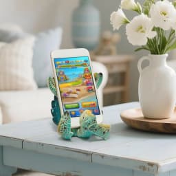 Hodao Resin Sea Turtle Figure Phone Holder, Cute Upside-Down Ocean Turtle Smartphone Stand with Glossy Teal Shell, Coastal Nautical Desk Decor for Home Office, Bedroom, Living Room, Shelf and Beach House, Marine Life Accent and Gift for Turtle Lovers