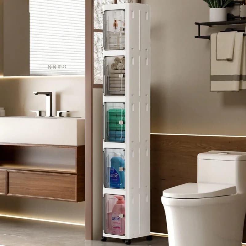 5‑Tier Slim Fold‑Up Storage Cabinet with Universal Rolling Wheels, Narrow Gap Transparent Door Plastic Organizer, Stackable Dust‑Proof Side Cabinet for Fridge Gap, Kitchen, Bathroom, Bedroom Snacks Toiletries Clothes Storage