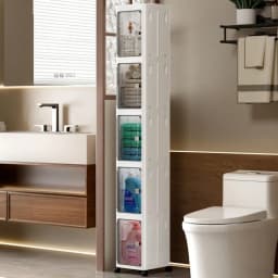 5‑Tier Slim Fold‑Up Storage Cabinet with Universal Rolling Wheels, Narrow Gap Transparent Door Plastic Organizer, Stackable Dust‑Proof Side Cabinet for Fridge Gap, Kitchen, Bathroom, Bedroom Snacks Toiletries Clothes Storage