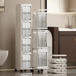 5‑Tier Slim Fold‑Up Storage Cabinet with Universal Rolling Wheels, Narrow Gap Transparent Door Plastic Organizer, Stackable Dust‑Proof Side Cabinet for Fridge Gap, Kitchen, Bathroom, Bedroom Snacks Toiletries Clothes Storage