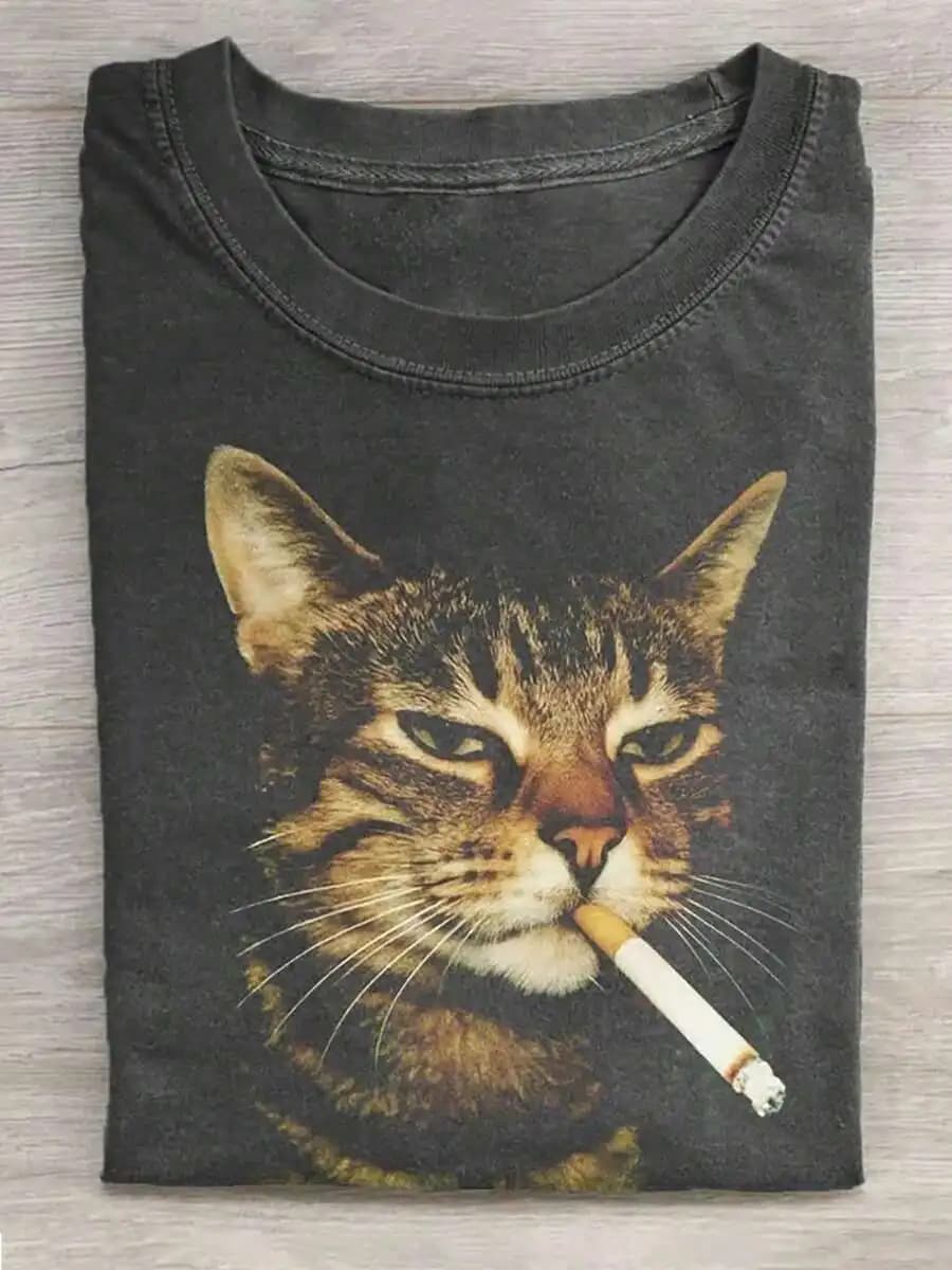 Unisex Washed Smoking‑Loving Cat Wax‑Printed Graphic Print Crew Neck Short Sleeve Retro Vintage High‑Quality Cotton Daily Wear Tee