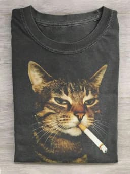 Unisex Washed Smoking‑Loving Cat Wax‑Printed Graphic Print Crew Neck Short Sleeve Retro Vintage High‑Quality Cotton Daily Wear Tee