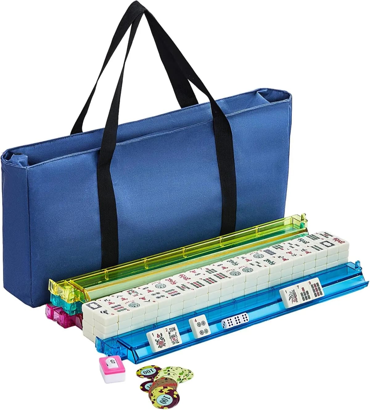 American Mahjong Tile Set, 166 Ivory-White Tiles with Carrying Bag and 4 All-in-One Rack & Pushers, Equipped Fully for Beginner, American Mahjong Lover