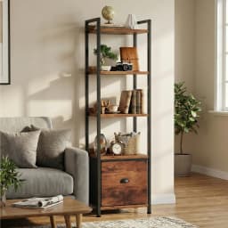 MCQ 5 Tiers Metal Classic Bookshelf with Fabric Drawer Freestanding Tall Display Shelf Storage Shelves Bookshelf Sturdy Structure Graduated Shelves for Home