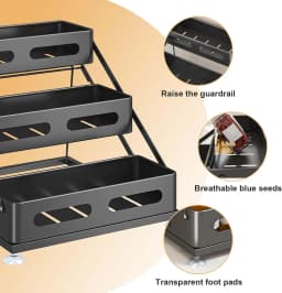 3-Tier Foldable Spices Rack, Adjusted Height 10-10.8Inch Carbon Steel Tiered Spice Rack with Non-Slip Suction Cups,Space-Saving Spice Rack Organizer for Cabinet