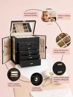 1PC Large 6-Layer PU Leather Jewelry Box With Mirror, Double-Door Jewelry Organizer With Necklace Hooks, Ring Slots & Multi-Drawer Storage For Rings, Earrings, Bracelets, Watches & Accessories, Elegant Gift For Women