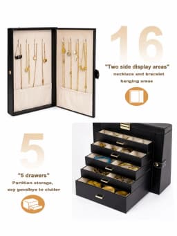 1PC Large 6-Layer PU Leather Jewelry Box With Mirror, Double-Door Jewelry Organizer With Necklace Hooks, Ring Slots & Multi-Drawer Storage For Rings, Earrings, Bracelets, Watches & Accessories, Elegant Gift For Women