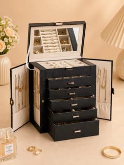 1PC Large 6-Layer PU Leather Jewelry Box With Mirror, Double-Door Jewelry Organizer With Necklace Hooks, Ring Slots & Multi-Drawer Storage For Rings, Earrings, Bracelets, Watches & Accessories, Elegant Gift For Women