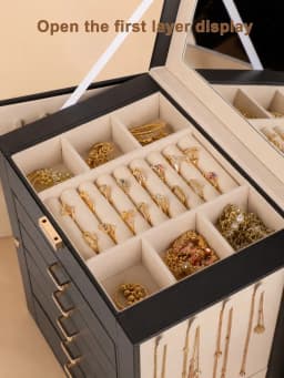 1PC Large 6-Layer PU Leather Jewelry Box With Mirror, Double-Door Jewelry Organizer With Necklace Hooks, Ring Slots & Multi-Drawer Storage For Rings, Earrings, Bracelets, Watches & Accessories, Elegant Gift For Women