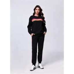 Women Warm Two Piece Retro Striped Tracksuit Set Cozy Oversized Round Neck Top And Sweatpants Joggers With Two Deep Side Pockets Relaxed Loose Fit For Fall Weekend Trips And Daily Casual Comfort Wear