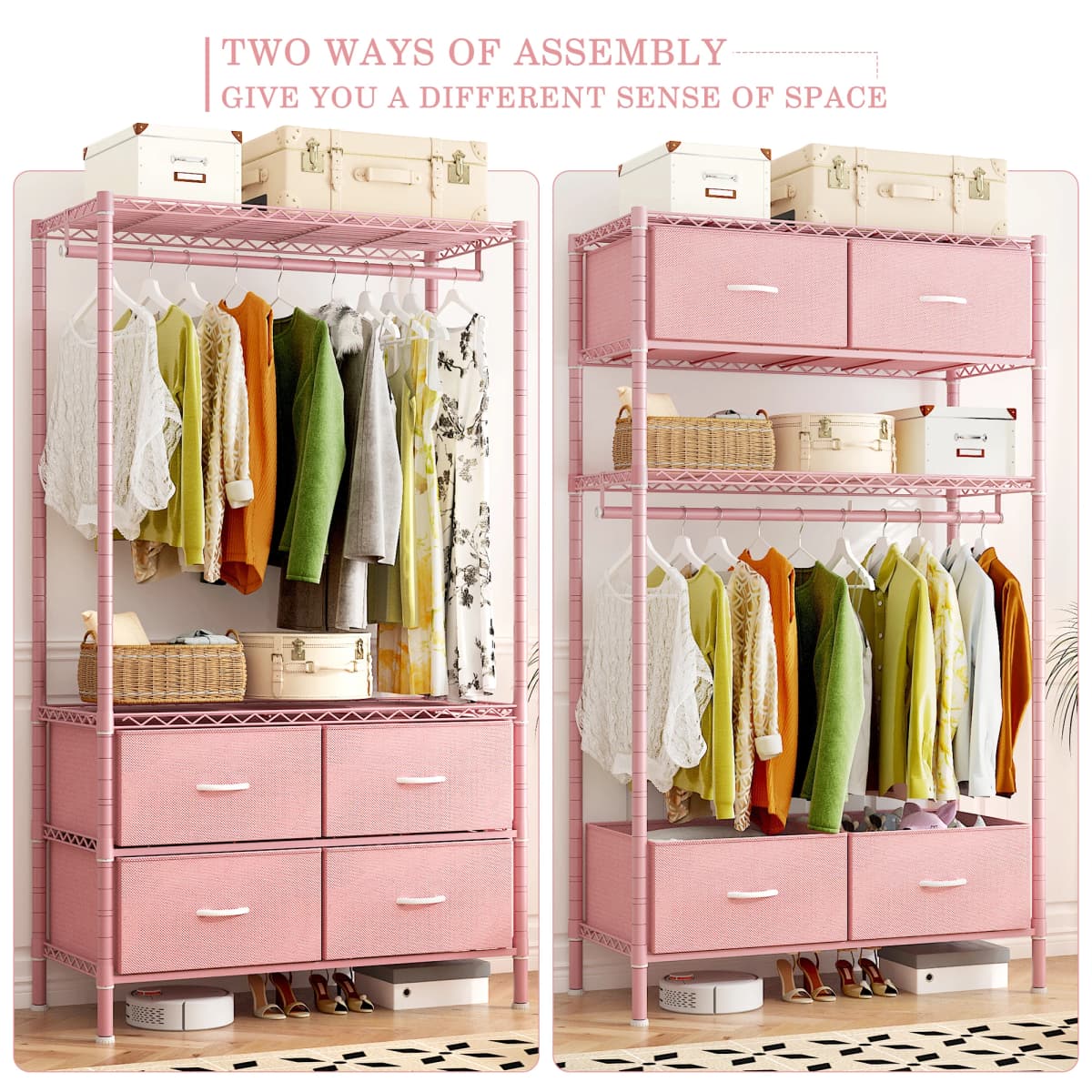 Heavy Duty Clothes Rack, Clothing Rack For Hanging Clothes With 4 Drawers Load 420LBS, Easy To Assemble, Sturdy & Durable Design, Large Capacity For Coats, Shirts, Closet Organizers And Storage, Furniture For Home, Christmas Decorations, Pink