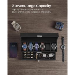 6-Slot Watch Box, Lockable with Glass Lid, 2 Layers Watch Case