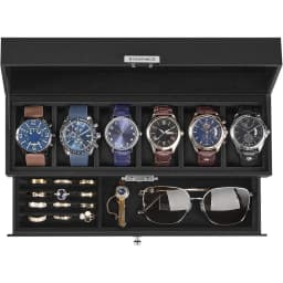 6-Slot Watch Box, Lockable with Glass Lid, 2 Layers Watch Case