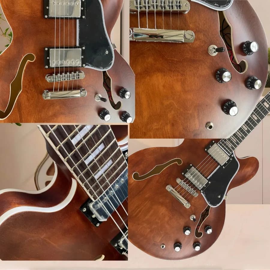 Professional Brown Electric Guitar Half Hollow Design Symmetrical Body 6-String Rock Jazz Style Suitable for Music Festival Performances