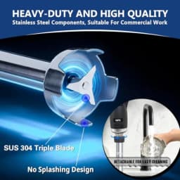 Commercial immersion blender for restaurant kitchen use, SUS 304 stainless steel shaft, silver, 500W power with variable speed