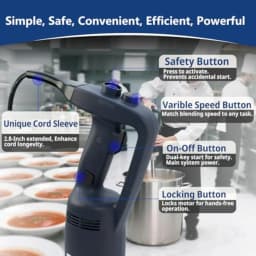 Commercial immersion blender for restaurant kitchen use, SUS 304 stainless steel shaft, silver, 500W power with variable speed