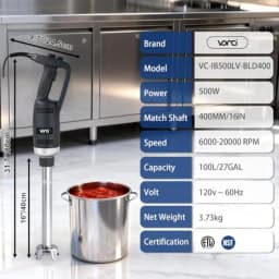 Commercial immersion blender for restaurant kitchen use, SUS 304 stainless steel shaft, silver, 500W power with variable speed