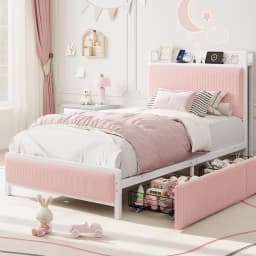Metal Platform Bed Frame with 2 Storage Drawers & Charging Station Upholstered Headboard No Box Spring Needed Twin Pink/Green/Brown Twin XL Size Mid Century Modern Acacia Solid Wood Platform Bed Frame Wooden Slats No Box Spring Double Metal Bar Support