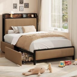 Metal Platform Bed Frame with 2 Storage Drawers & Charging Station Upholstered Headboard No Box Spring Needed Twin Pink/Green/Brown Twin XL Size Mid Century Modern Acacia Solid Wood Platform Bed Frame Wooden Slats No Box Spring Double Metal Bar Support