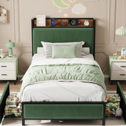 Metal Platform Bed Frame with 2 Storage Drawers & Charging Station Upholstered Headboard No Box Spring Needed Twin Pink/Green/Brown Twin XL Size Mid Century Modern Acacia Solid Wood Platform Bed Frame Wooden Slats No Box Spring Double Metal Bar Support