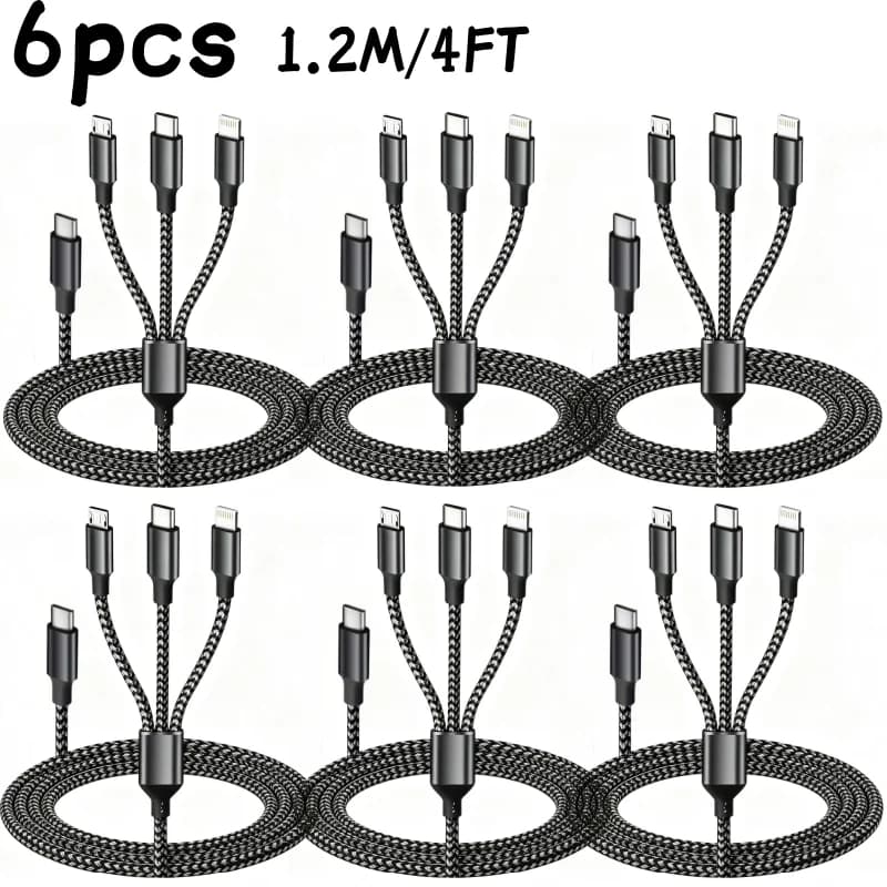 6PCS/8PCS 3 In 1 Fast Charging Cable USB C Cable 1.2M/4FT Nylon Braided Type C Charging With Type-C, Micro USB, IP Port For IPhone Samsung Huawei Xiaomi Multi Port Multiple Charging Wire