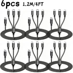 6PCS/8PCS 3 In 1 Fast Charging Cable USB C Cable 1.2M/4FT Nylon Braided Type C Charging With Type-C, Micro USB, IP Port For IPhone Samsung Huawei Xiaomi Multi Port Multiple Charging Wire