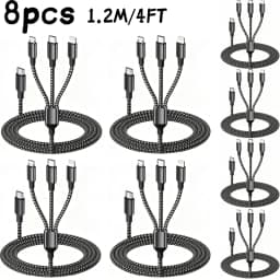 6PCS/8PCS 3 In 1 Fast Charging Cable USB C Cable 1.2M/4FT Nylon Braided Type C Charging With Type-C, Micro USB, IP Port For IPhone Samsung Huawei Xiaomi Multi Port Multiple Charging Wire