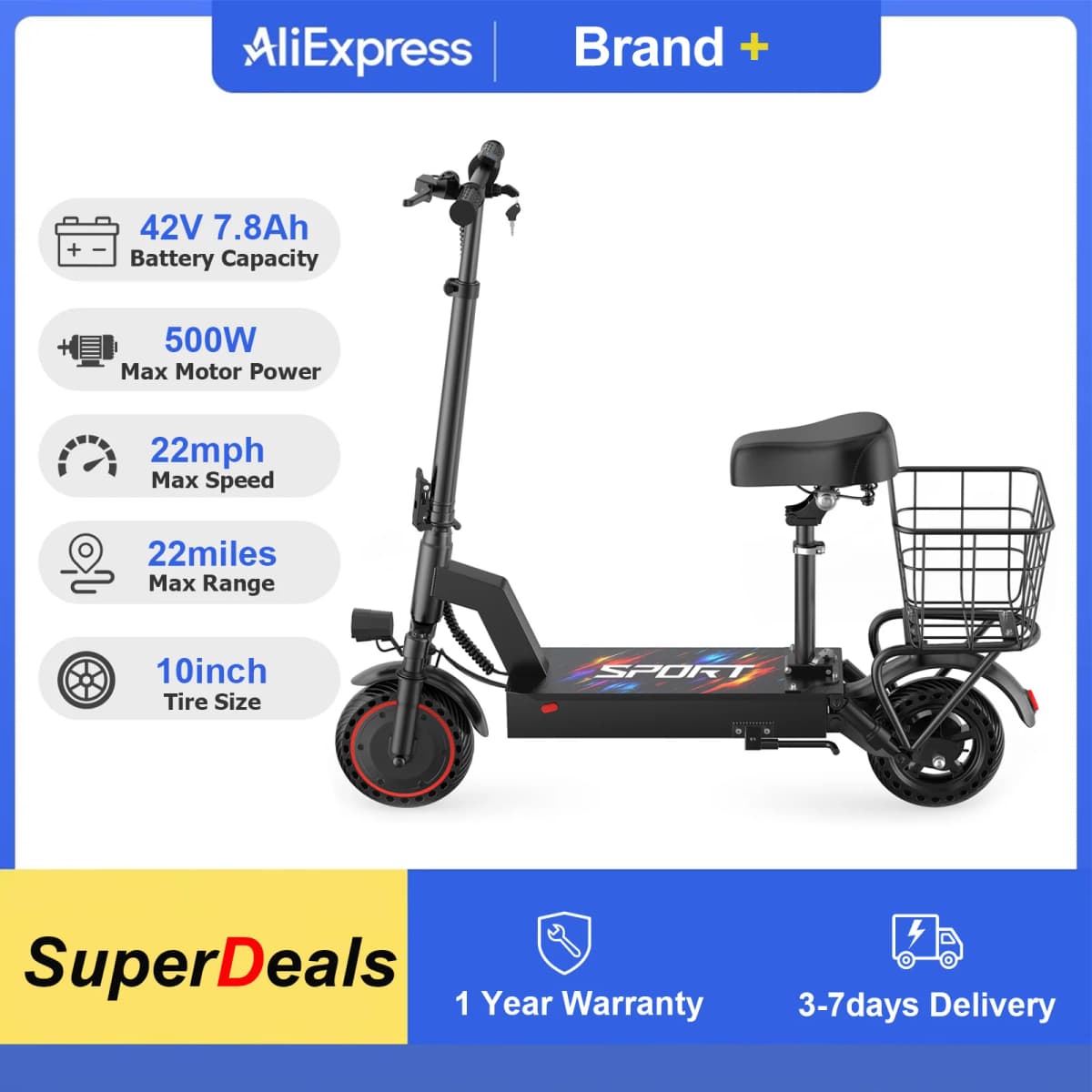 2026 New 10inch Electric Bicycle 500W Powerful Motor 7.8AH Battery 22Miles Max Range 22MPH Max Speed Dua Shock Absorption Foldable Adult Ebike with Seat and Basket for Commuting