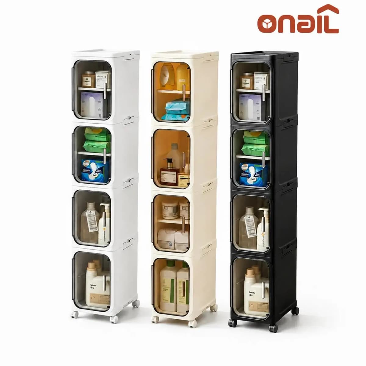 1-Tier Slim Storage Cabinet Plastic Narrow Organizer Rack with Doors and Wheels Foldable Tall Rolling Cart Stackable Gap Shelves Space Saving for Bathroom Kitchen Small Spaces