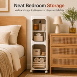 1-Tier Slim Storage Cabinet Plastic Narrow Organizer Rack with Doors and Wheels Foldable Tall Rolling Cart Stackable Gap Shelves Space Saving for Bathroom Kitchen Small Spaces