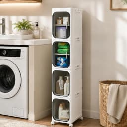 1-Tier Slim Storage Cabinet Plastic Narrow Organizer Rack with Doors and Wheels Foldable Tall Rolling Cart Stackable Gap Shelves Space Saving for Bathroom Kitchen Small Spaces