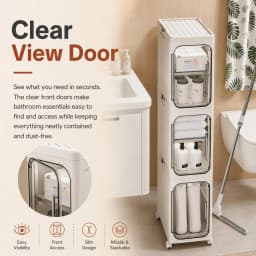 1-Tier Slim Storage Cabinet Plastic Narrow Organizer Rack with Doors and Wheels Foldable Tall Rolling Cart Stackable Gap Shelves Space Saving for Bathroom Kitchen Small Spaces