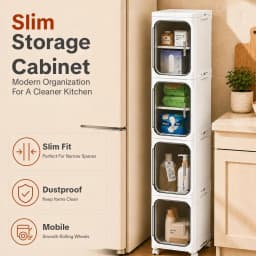 1-Tier Slim Storage Cabinet Plastic Narrow Organizer Rack with Doors and Wheels Foldable Tall Rolling Cart Stackable Gap Shelves Space Saving for Bathroom Kitchen Small Spaces